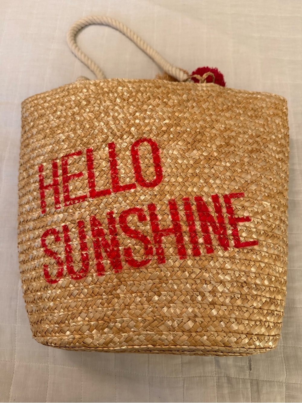 Disney Straw Tote Bag with Red "HELLO SUNSHINE" Lettering